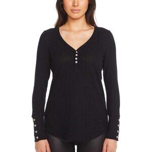 Chaser Black Waffle Knit Long Sleeve Thermal Henley Top